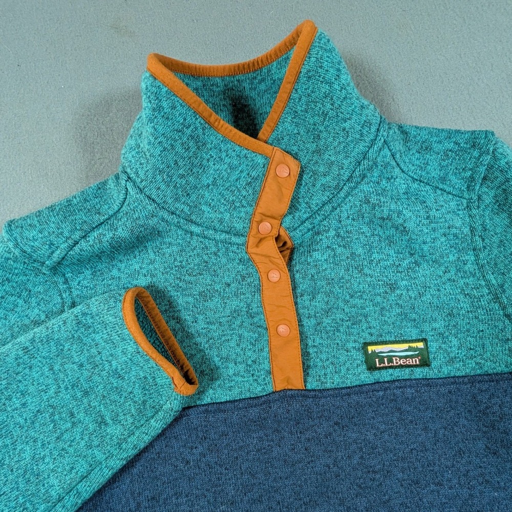 LL Bean Sweater Fleece Pullover Womens Large Reg Colorblock Snap Neck Teal Blue